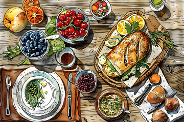 Healthy and Delicious Homemade Meal with Fresh Ingredients Served on Wooden Table