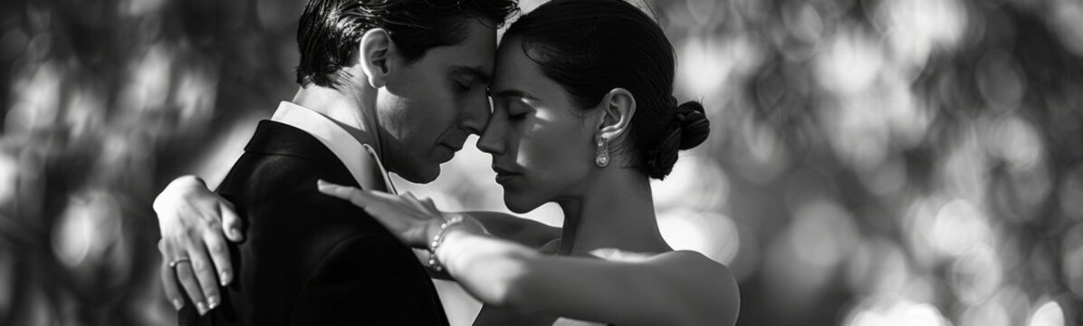 Bride and groom embracing in black and white photo, tango dance background