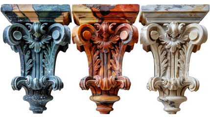 Three different colored marble pillars with intricate designs on a transparent background.