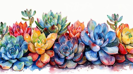 Colorful watercolor painting of a beautiful succulent arrangement with various vibrant hues.