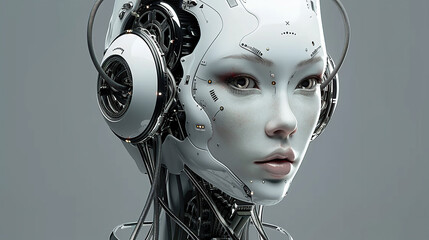 A female robot with white skin and hair, her head is adorned by many small wires that connect to the body from behind it
