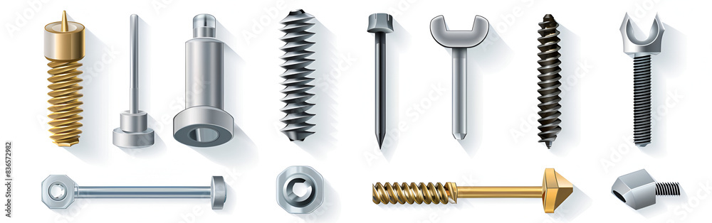 Wall mural Set of metal nail head isolated on white background. 3d Metal Screws and Bolts Set. white in background - Wall murals