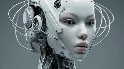 A female robot with white skin and hair, her head is adorned by many small wires that connect to the body from behind it