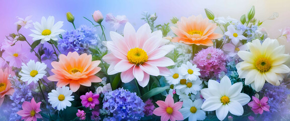 Floral Fantasy: A mix of different flowers in full bloom with a soft, pastel background.