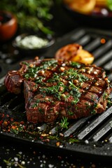Close-up of a perfectly grilled steak on a barbecue, showcasing delicious char marks and seasoning, ready to serve.
