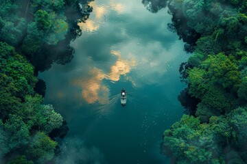 Fototapeta premium A lone boat glides through a serene, forested river at dawn, surrounded by lush greenery and reflecting skies. 