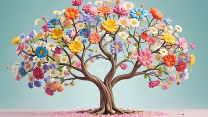 Human brain tree with flowers, self care and mental health concept, positive thinking, creative mind,