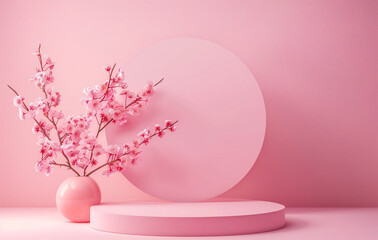 ピンク桜の壁を背景に、現代的なミニマリストデザインの表彰台ステージを正面から捉えた。製品プレゼンテーション用のシンプルな表彰台,Generative AI、