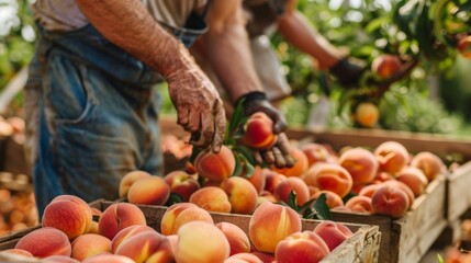 Workers load wooden crates with plump peaches handpicked by an automated harvesting machine.