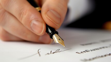 Signing lucrative business contract, close-up hand with fountain pen. Formal business contract with signatures and official documents.
