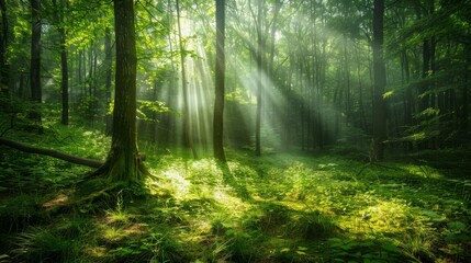 Fototapeta premium Lush green forest scene with dappled sunlight. Ideal for nature photography, wallpapers, and relaxation resources.