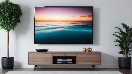Fototapeta premium Mockup minimalist a cabinet television wall mounted with decoration in living room and white wall Generative AI