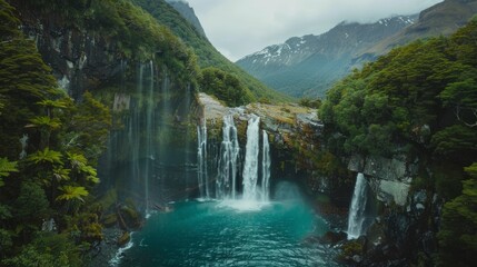 Fototapeta premium Majestic glacier waterfall, turquoise pool, lush vegetation, rugged cliffs. Cascading waterfall with crystal clear water, dramatic landscape.