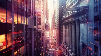 Obraz premium Panoramic cityscape of thriving financial district. Skyscrapers reaching towards the sky, modern urban architecture.