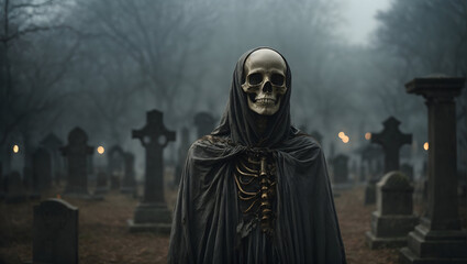 A skeletal figure with a ghostly face standing in a graveyard of forgotten souls