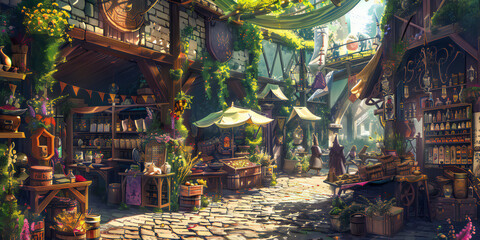 Obraz premium 2d background Fantasy Marketplace A bustling fantasy marketplace with stalls selling magical items, potions, enchanted artifacts, and a mix of humans, elves, and other fantastical creatures