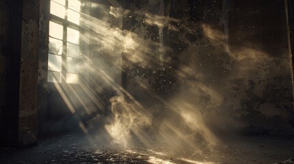 Naklejka premium A high-resolution photo of dust particles glowing in the sunlight inside an old building