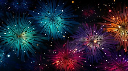 Vibrant abstract firework design with dynamic shapes and explosive patterns in a modern, detailed illustration.