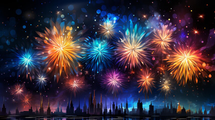Vibrant abstract firework design with dynamic shapes and explosive patterns in a modern, detailed illustration.