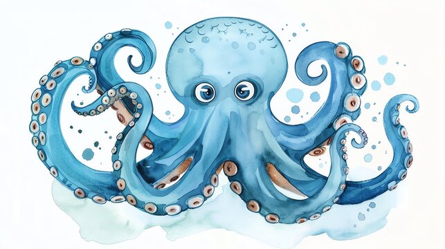 recommend clip art: Whimsical watercolor illustration of a blue octopus with expressive eyes and detailed tentacles on a light background.