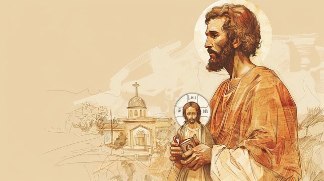 Saint Jude Thaddeus Holding Image of Jesus and Staff, Symbolizing Apostle and Patron of Desperate Cases, Biblical Illustration, Beige Background, Copyspace