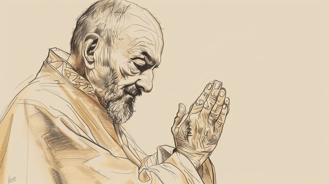 Biblical Illustration of Saint Padre Pio in deep prayer, displaying the stigmata on his hands, serene chapel setting, peaceful and holy atmosphere, mystical experiences, beige background, copyspace