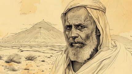 Fototapeta premium Biblical Illustration of Saint Macarius of Egypt living as a hermit in the desert, piety and devotion. Simple attire, serene expression, peaceful desert setting. Beige Background, copyspace.