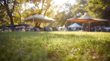 Naklejka premium Peaceful Camping Scene with Canopy Tent and Shaded Furnishings on Grassy Field