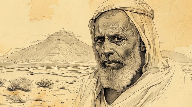 Biblical Illustration of Saint Macarius of Egypt living as a hermit in the desert, piety and devotion. Simple attire, serene expression, peaceful desert setting. Beige Background, copyspace.