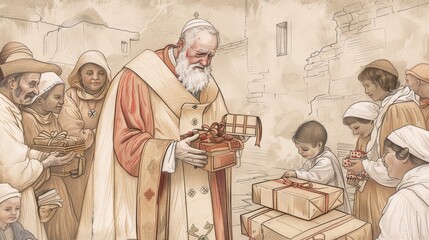 Saint Nicholas of Myra Performing Miracle, Bishop's Attire, Biblical Illustration, Beige Background, Copyspace