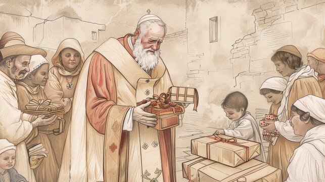 Saint Nicholas of Myra Performing Miracle, Bishop's Attire, Biblical Illustration, Beige Background, Copyspace