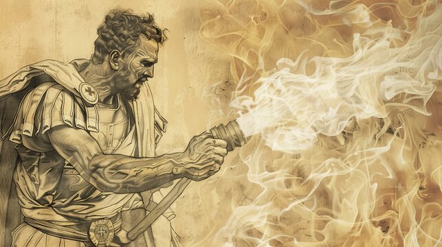 Saint Florian Extinguishing Fire, Patron Saint of Firefighters, Determined Expression, Biblical Illustration, Beige Background, Copyspace