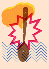Risograph spoon with speech bubble with geometric shapes. Objects in trendy riso graph print texture style design with geometry elements.