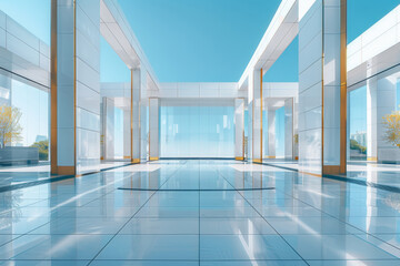 Fototapeta premium Empty hall of modern architectures，glass show room background. 