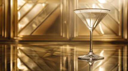 An art deco-inspired image of a martini glass, capturing the glamour of the 1920s, art deco design, National Martini Day, with copy space