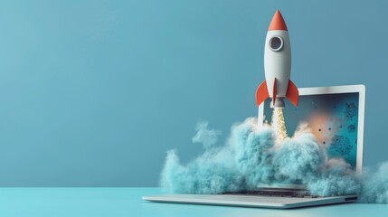Laptop launching rocket, business startup concept. Innovative startup concept with rocket blasting off from a computer.