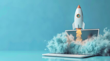 Laptop launching rocket, business startup concept. Innovative startup concept with rocket blasting off from a computer.