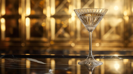 An art deco-inspired image of a martini glass, capturing the glamour of the 1920s, art deco design, National Martini Day, with copy space