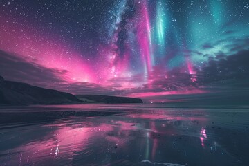 A breathtaking view of the aurora borealis dancing across the night sky above a secluded beach,...