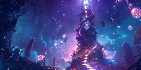 2d background Fantasy Tower A mystical tower with glowing runes, a spiral staircase leading up, enchanted artifacts floating in the air, and a magical aura surrounding