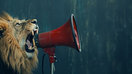 Powerful leadership concept, Lion using megaphone for call to action. Megaphone representing clear communication and rallying a team.
