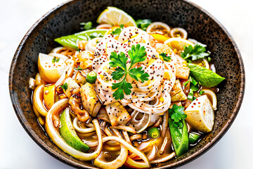 Noodles with vegetables : AI Generative, not upscale	