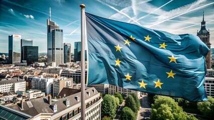 Flag of the European Union with Prosperous European Cityscape. Perfect for: European Union Day, European Heritage Day.