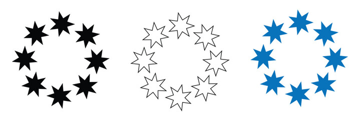 Stars of various sizes arranged in a circle. Round frame, border. Black star shape, simple symbol. Design element, ornament. Vector illustration. Eps 10. Circle Stars. 