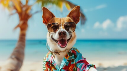Hilarious dog rocking Hawaiian shirt and shades at the beach.
