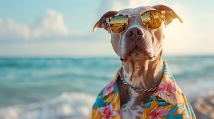 Hilarious dog rocking Hawaiian shirt and shades at the beach.