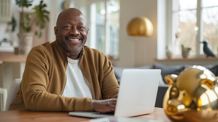 happy old casual black man sitting in the table with laptop beside golden piggybank. Investor saving money for pension.