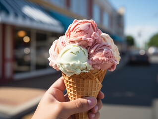 A Pastel-colored Waffle Cone Filled With Scoops Of Ice Cream, Held By A Person Enjoying A Summer Day