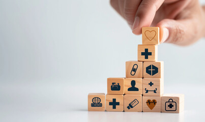 Symbols of health insurance and medicine, wooden blocks with health care icons, Generative AI、健康保険と医療の象徴、ヘルスケアアイコンが描かれた木製ブロック、Generative AI