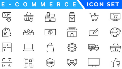 E-Commerce set of web icons in line style. .Online shopping icons for web and mobile app. .Business, mobile shop, digital marketing, bank card, .gifts, sale, delivery. .Vector illustration